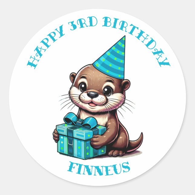 Otter Themed Boy's Birthday Personalised Classic Round Sticker (Front)