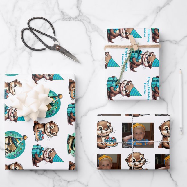 Otter Themed Boy's Birthday Personalised Wrapping Paper Sheet (Front)
