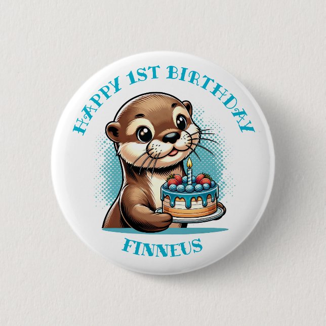 Otter Themed Boy's First Birthday Personalised 6 Cm Round Badge (Front)