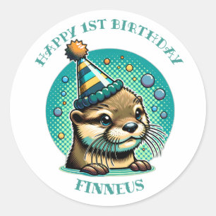 Otter Themed Boy's First Birthday Personalized Classic Round Sticker