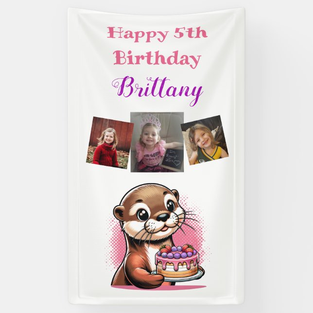 Otter Themed Girl's Birthday Party Photo Banner (Vertical)