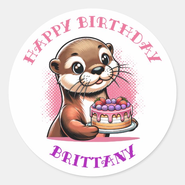 Otter Themed Girl's Birthday Party Photo Classic Round Sticker (Front)