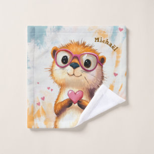 Otter Valentine's Day Heart Badge Kids School Wash Cloth