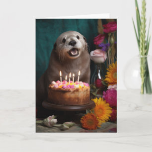 Otter with a Birthday Cake - Card