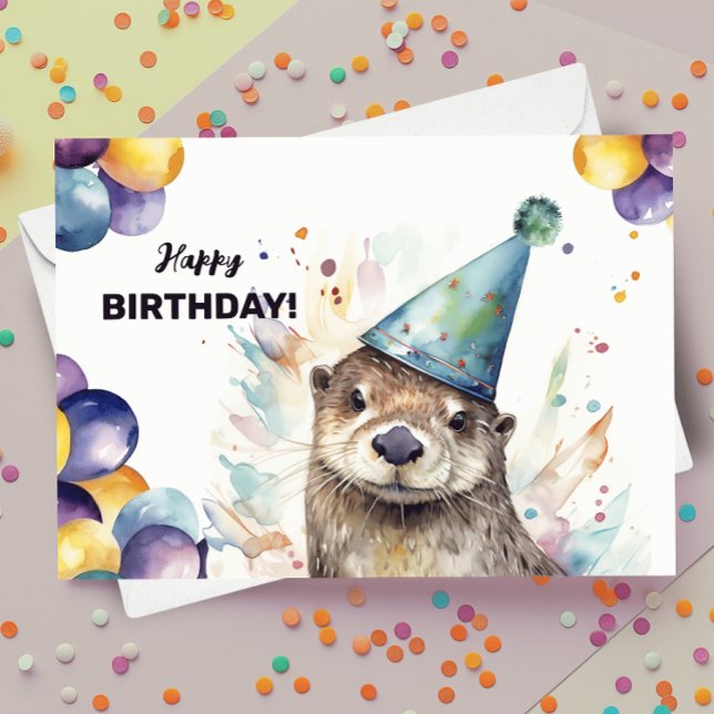 Otter with Balloons and Party Hat Happy Birthday Card (Creator Uploaded)