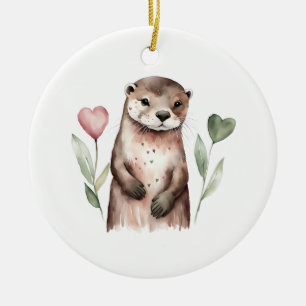 Otter With Heart Shaped Flowers Ceramic Ornament
