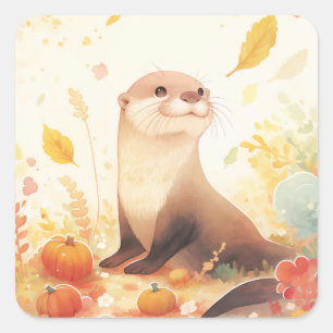 Otter with Small Pumpkins and Yellow Autumn Leaves Square Sticker