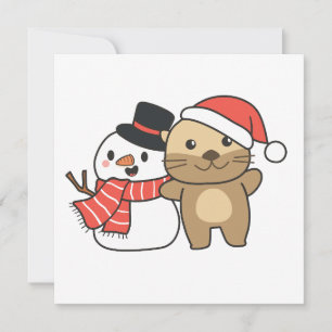 Otter With Snowman In Winter For Christmas Holiday Card