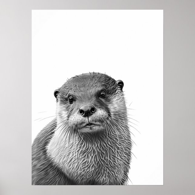 Otter Woodland Modern Portrait black white    Poster (Front)