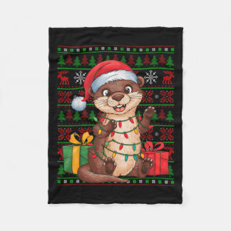 Otter Xmas Lights Ugly Santa Hat Otter Christmas  Fleece Blanket