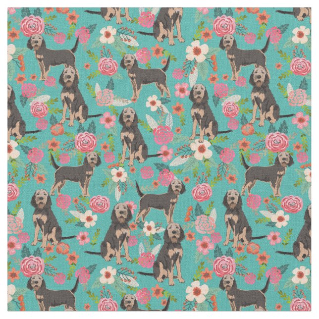 otterhound dog vintage florals turquoise fabric (Close Up)