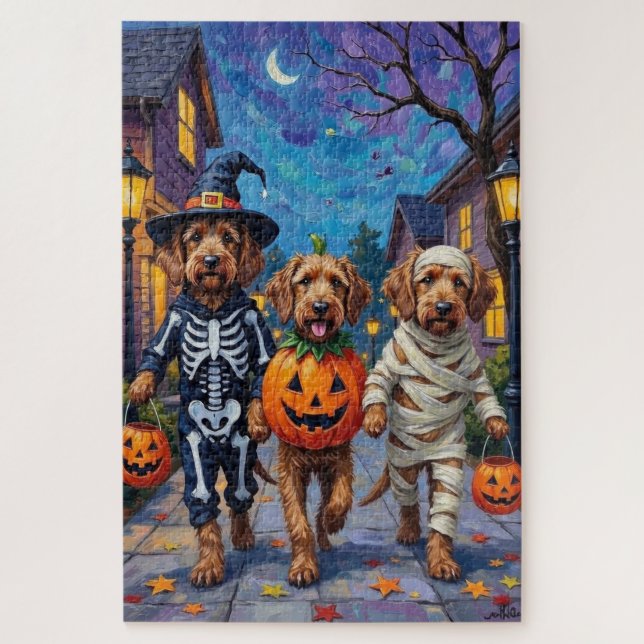 Otterhound Trick-or-Treating in Halloween Costumes Jigsaw Puzzle (Vertical)