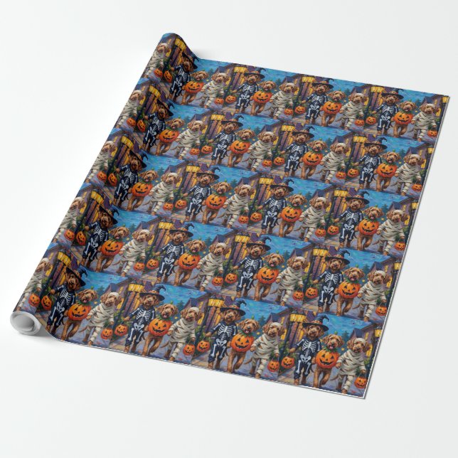 Otterhound Trick-or-Treating in Halloween Costumes Wrapping Paper (Unrolled)