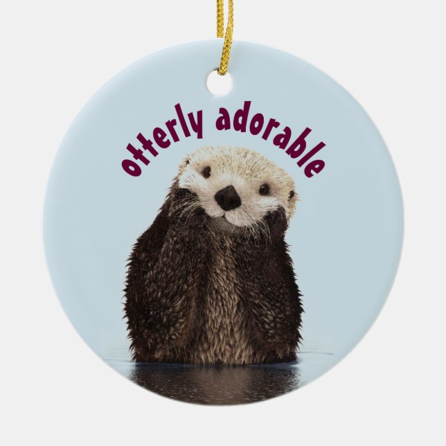 Otterly Adorable Pun with Cute Otter Photo Ceramic Tree Decoration (Front)