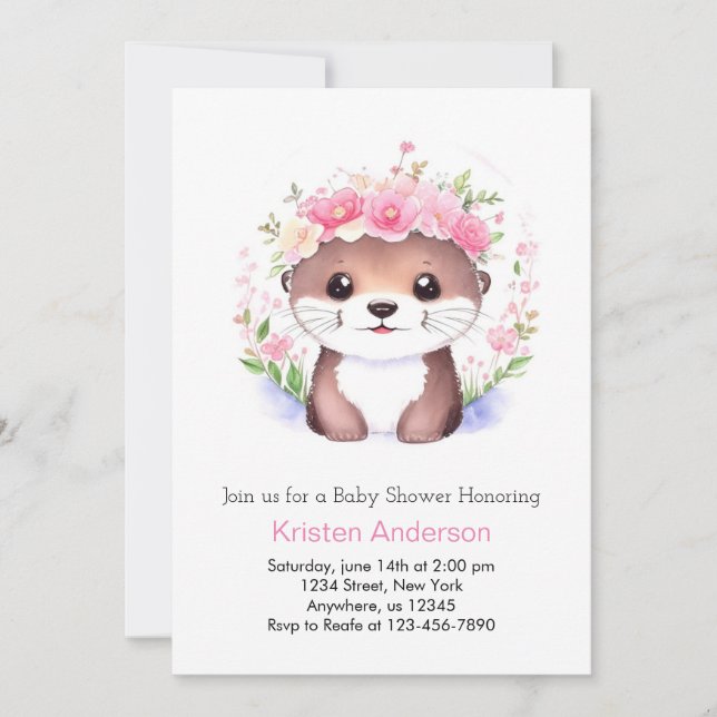 Otterly Pink Floral Whimsy Girl Baby Shower Invitation (Front)
