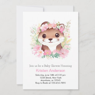 Otterly Whimsical Pink Floral Otter Girl Baby Show Invitation
