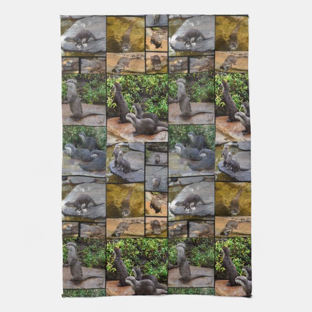 Otters In A Photo Collage, Tea Towel (Vertical)