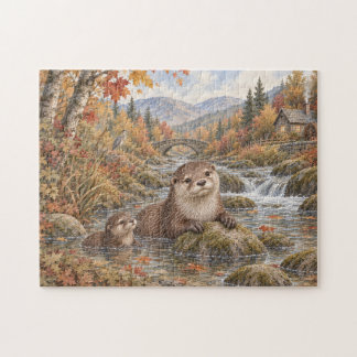 Otters in the Autumn Stream Jigsaw Puzzle