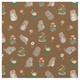 Otters & Lily Pads on Brown Fabric