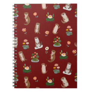 Otters & Lily Pads on Dark Red Notebook