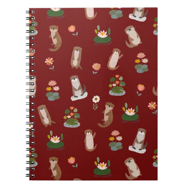 Otters & Lily Pads on Dark Red Notebook (Front)