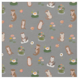 Otters & Lily Pads on Grey Fabric