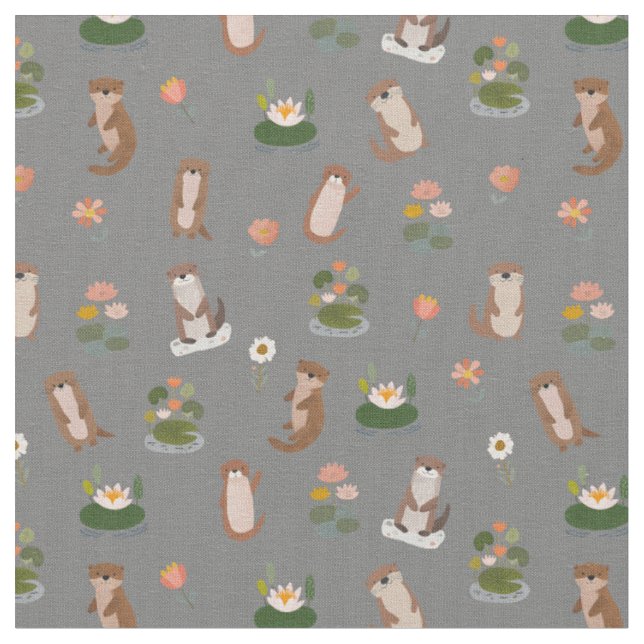 	Otters & Lily Pads on Grey Fabric (Close Up)