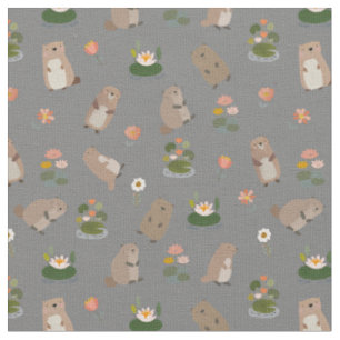 Otters & Lily Pads on Grey Fabric
