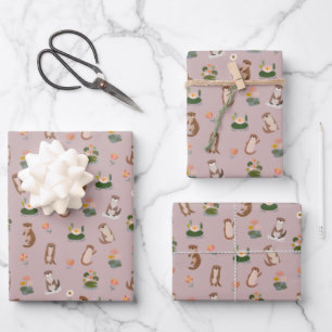 Otters & Lily Pads on Light Gray-Pink Wrapping Paper Sheet