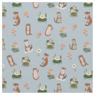 Otters & Lily Pads on Pale Gray-Blue Fabric