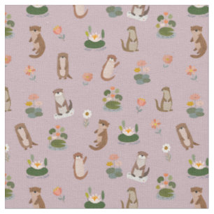 Otters & Lily Pads on Pastel Gray-Pink Fabric