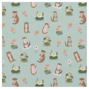 Otters & Lily Pads on Pistachio Green Fabric