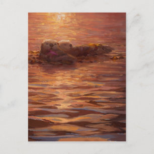 Otters Snuggling at Sunset Floating With Kelp Postcard