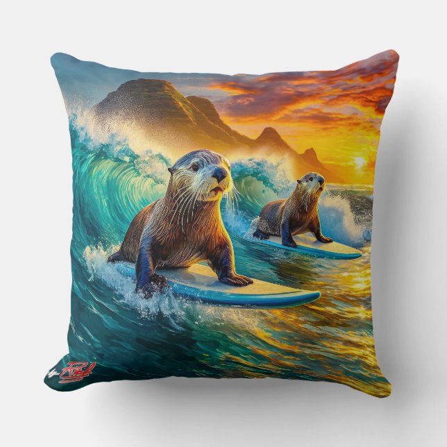 Otters Surfing 02 Design by Rich AMeN Gill Cushion (Front)