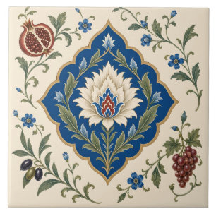 Ottoman Iznik Floral   Blue Botanical Pomegranate Ceramic Tile