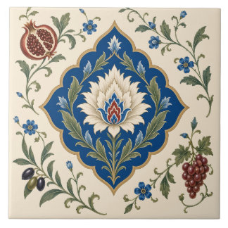 Ottoman Iznik Floral | Blue Botanical Pomegranate Ceramic Tile