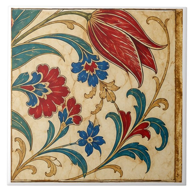 Ottoman Red Tulip Botanical Composition | Ceramic Tile (Front)