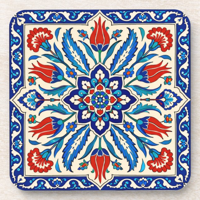 Ottoman Style Blue Red Tulip  Pattern Coaster (Front)