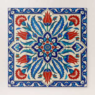 Ottoman Style Blue Red Tulip Pattern Jigsaw Puzzle