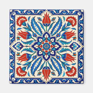 Ottoman Style Blue Red Tulip Pattern Magnet