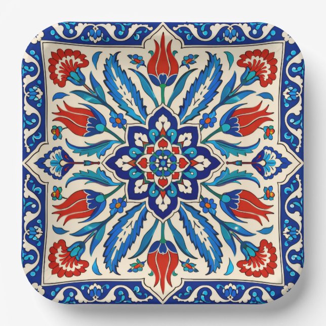 Ottoman Style Blue Red Tulip  Pattern Paper Plate (Front)