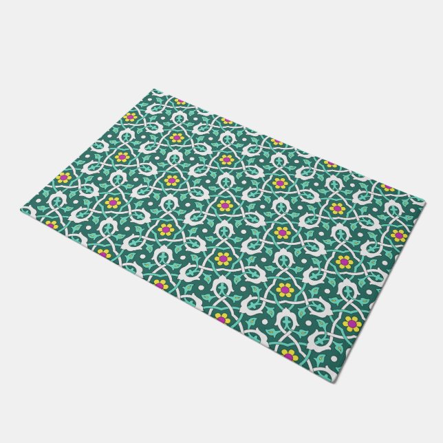 Ottoman Turkish vine design in green and white Doormat (Angled)