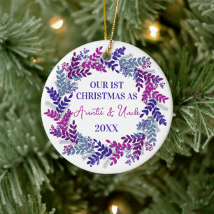 Ou First Christmas as Auntie & Uncle Purple Wreath Ceramic Ornament