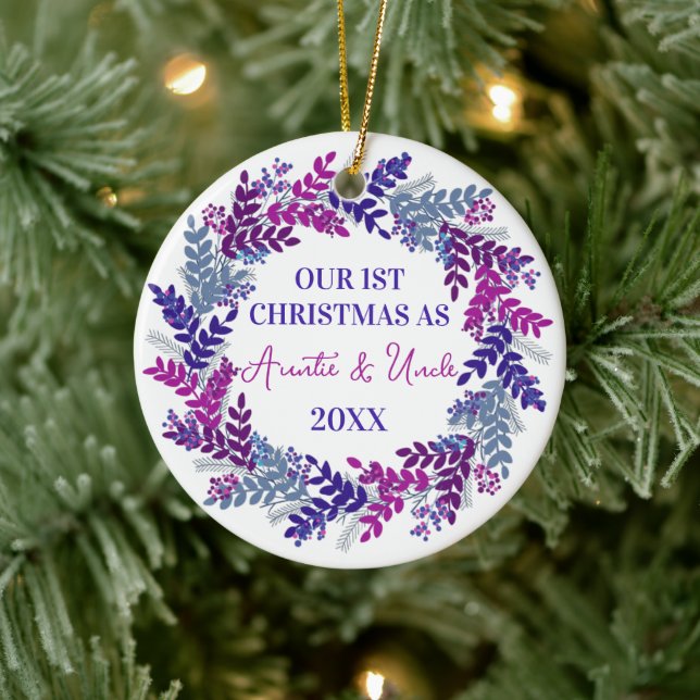 Ou First Christmas as Auntie & Uncle Purple Wreath Ceramic Ornament (Tree)
