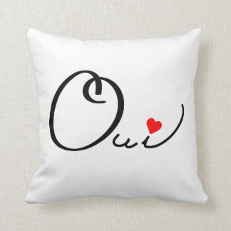 Oui Yes French Script White Red Heart Typography Cushion