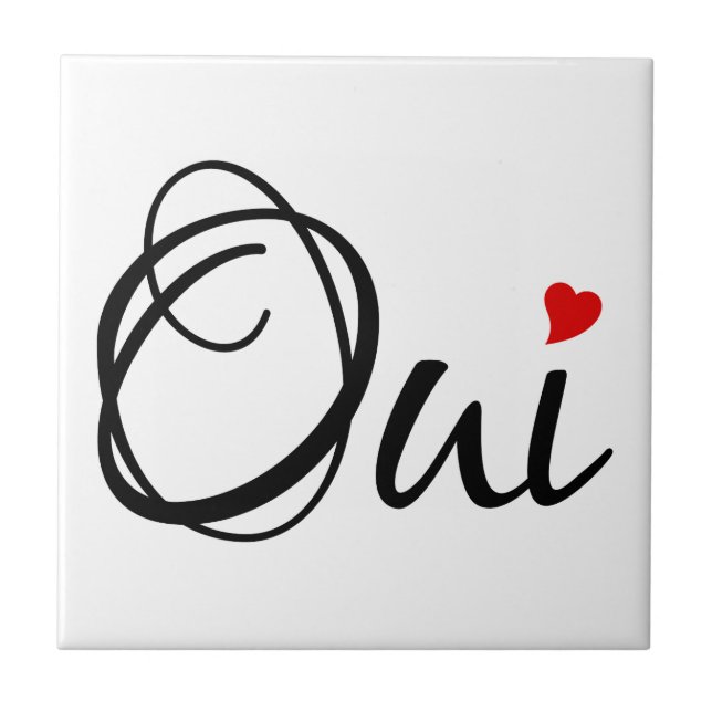 Oui, yes, French word art with red heart Ceramic Tile (Front)