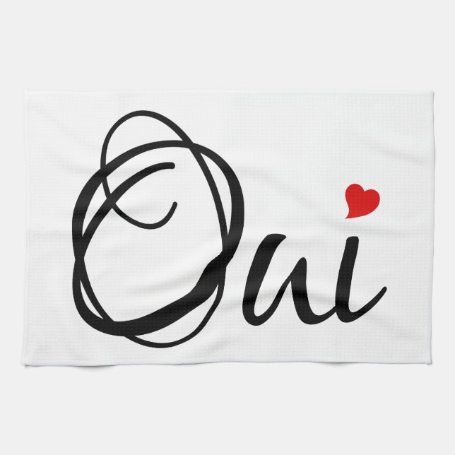 Oui, yes, French word art with red heart Tea Towel (Horizontal)