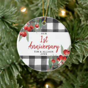 Our 1st Anniversary Personalised Buffalo Plaid Ceramic Ornament