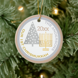 Our 1st Chrismukkah Tree Menorah Keepsake Photo Ceramic Ornament
