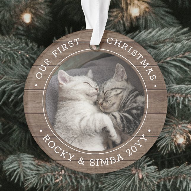 Our 1st Christmas 2 Pets Photo Rustic Faux Wood Ornament (Creator Uploaded)